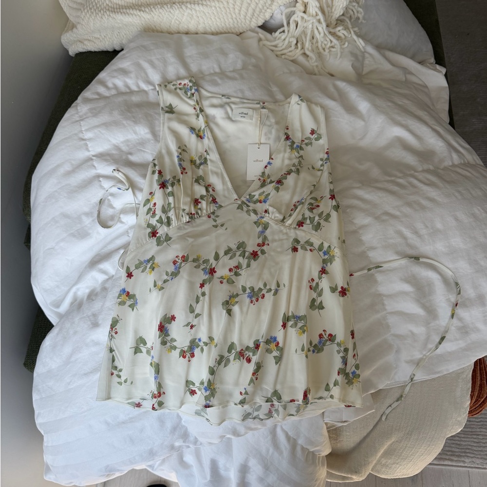 Aritzia Cream Floral V-Neck Tank Top with Red, Blue & Green Accents